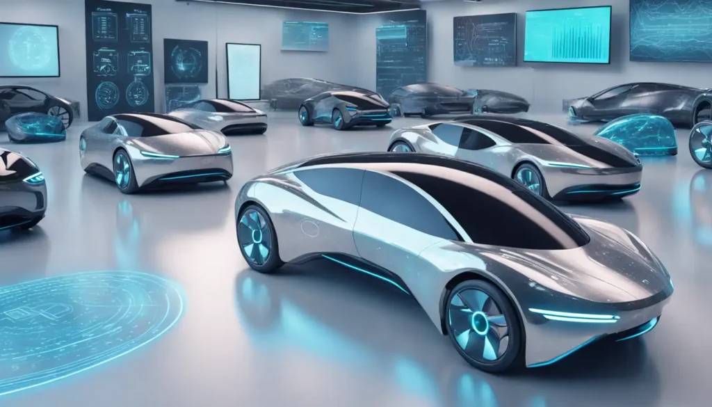 Carros elétricos futuristas com acabamentos metálicos em um showroom digital, simbolizando inovações no mercado automotivo digital.