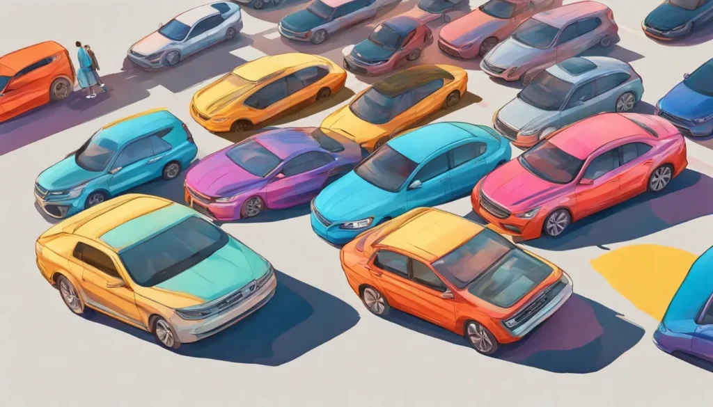 Variedade de carros coloridos, de modelos clássicos a modernos, alinhados em um estacionamento sob um céu azul límpido, sem texto.