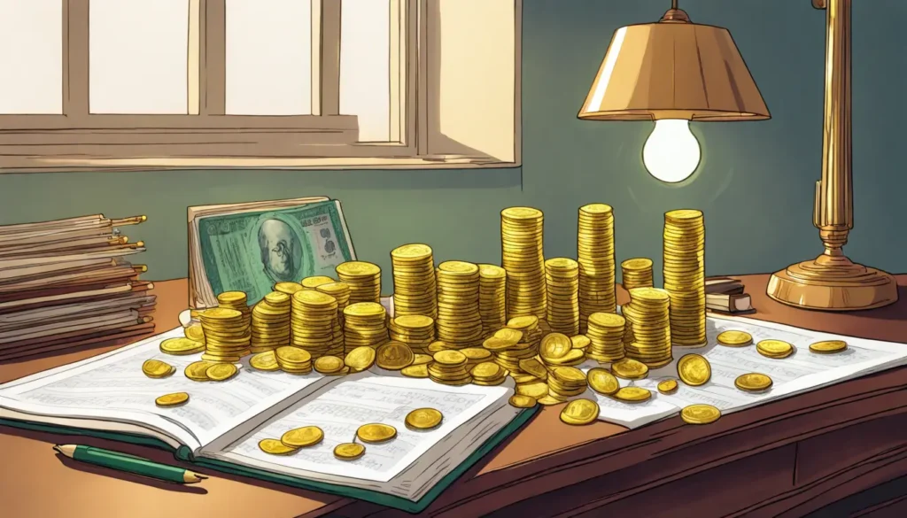 Imagem representando contabilidade com 100 moedas douradas, ábaco de prata, lápis e livro-razão sobre mesa de mogno para post de blog.