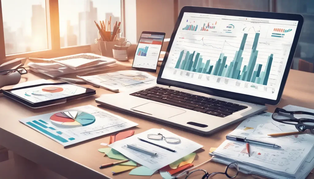 Uma mesa de escritório moderna com laptop, documentos financeiros e tablet exibindo análises de marketing digital, representando estratégias de marketing para contabilidade em 2024.