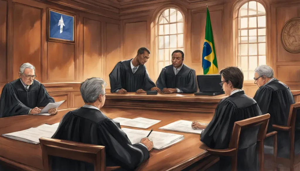 Advogados de diferentes etnias analisam documentos em um tribunal, com bandeira do Brasil ao fundo, representando um curso de advogado completo.