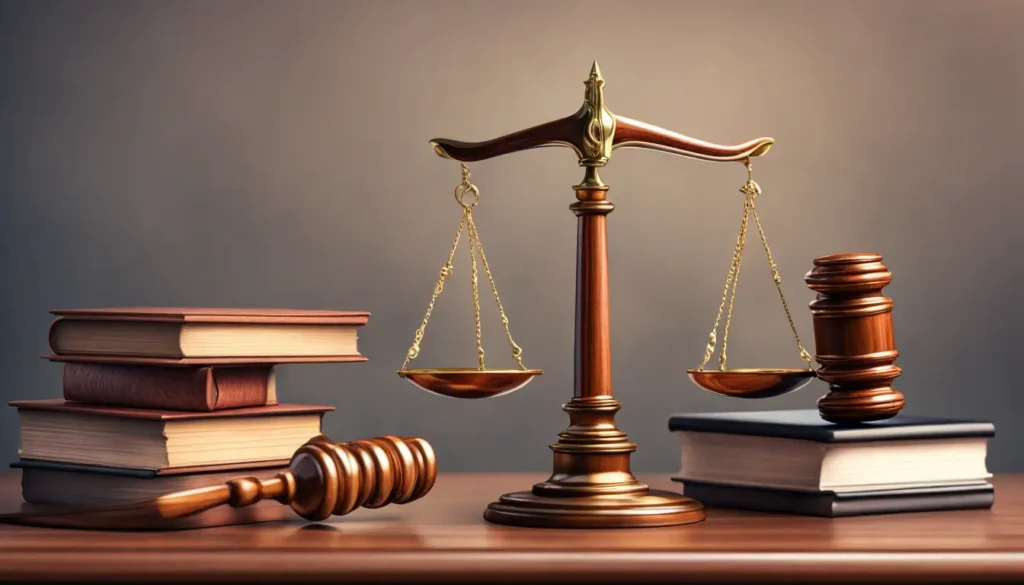 Martelo de juiz de madeira em cima de livros de direito com balança de justiça ao fundo, ideal para o Dia do Advogado.