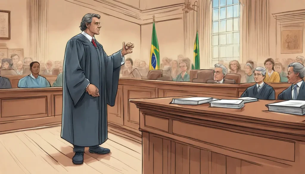Homem brasileiro de meia-idade advogando em causa própria em um tribunal, com juiz e bandeira do Brasil ao fundo.