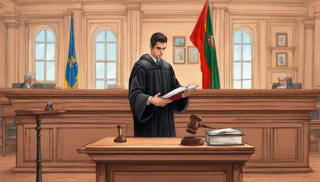 Advogado jovem em tribunal português, com robe, segurando um livro de leis, bandeira de Portugal ao fundo e martelo de juiz em madeira na mesa.